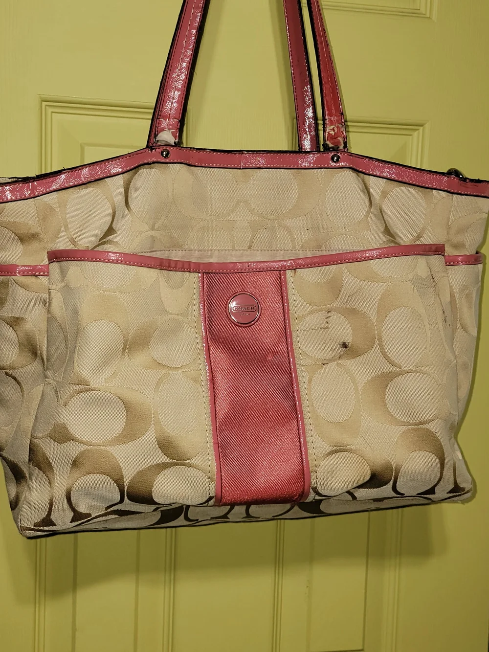 Coach Beige Signature Canvas Tote with Pink Trim, Outside Of Bag ,Badly Stained
